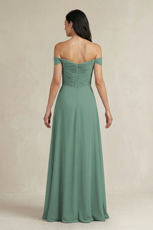 Sea Glass A-Line Pleated Off-the-Shoulder Chiffon Bridesmaid Dress (2) | KISSBRIDAL