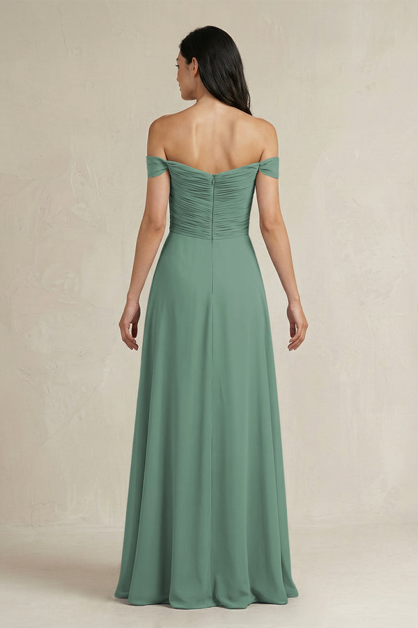 Sea Glass A-Line Pleated Off-the-Shoulder Chiffon Bridesmaid Dress (2) | KISSBRIDAL