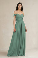 Sea Glass A-Line Pleated Off-the-Shoulder Chiffon Bridesmaid Dress | KISSBRIDAL