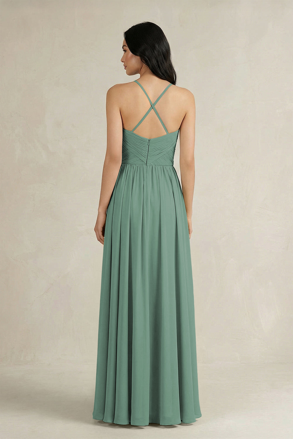 A-Line Pleated Spaghetti Strap Chiffon Bridesmaid Dress in Sea Glass