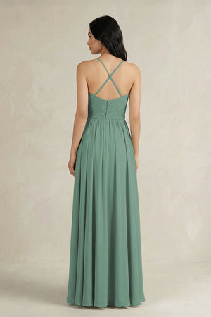 Sea Glass A-Line Pleated Spaghetti Strap Chiffon Bridesmaid Dress (2) | KISSBRIDAL