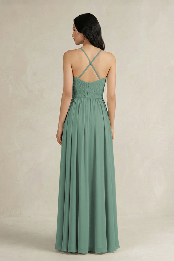Sea Glass A-Line Pleated Spaghetti Strap Chiffon Bridesmaid Dress (2) | KISSBRIDAL