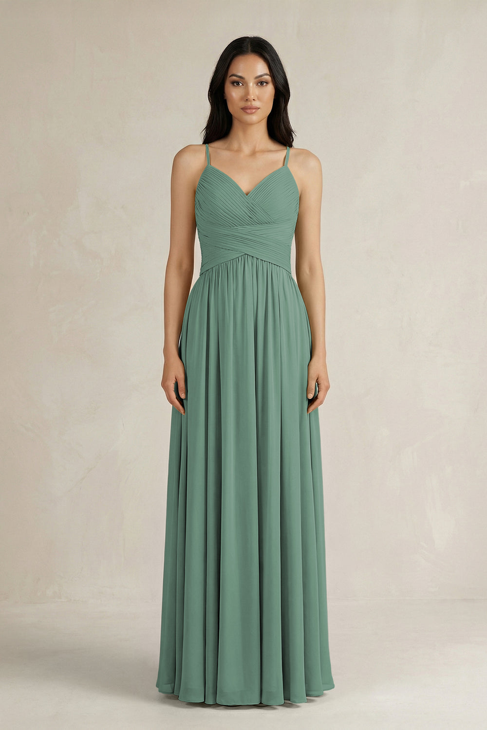 A-Line Pleated Spaghetti Strap Chiffon Bridesmaid Dress in Sea Glass