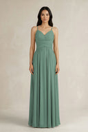 Sea Glass A-Line Pleated Spaghetti Strap Chiffon Bridesmaid Dress | KISSBRIDAL