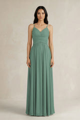 Sea Glass A-Line Pleated Spaghetti Strap Chiffon Bridesmaid Dress | KISSBRIDAL