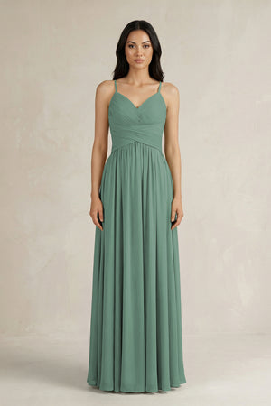 Sea Glass A-Line Pleated Spaghetti Strap Chiffon Bridesmaid Dress | KISSBRIDAL