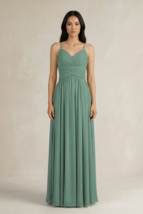 Sea Glass A-Line Pleated Spaghetti Strap Chiffon Bridesmaid Dress | KISSBRIDAL