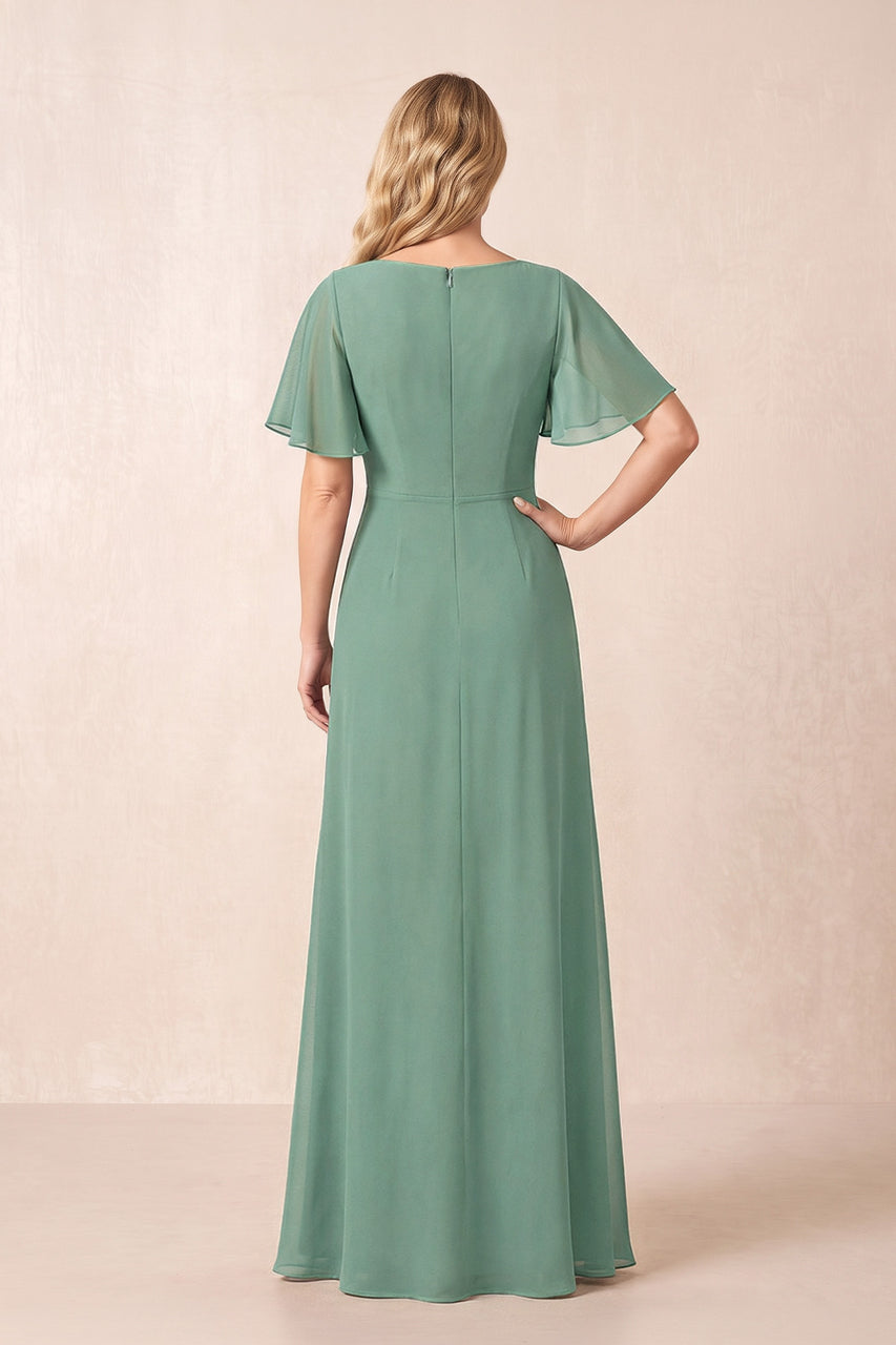 Sea Glass A-Line Ruched Chiffon Mother of the Bride Dress with Ruffled Sleeves