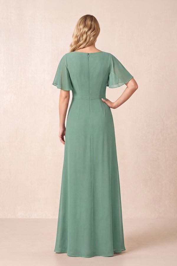 Sea Glass A-Line Ruched Chiffon Mother of the Bride Dress with Ruffled Sleeves (2) | KISSBRIDAL