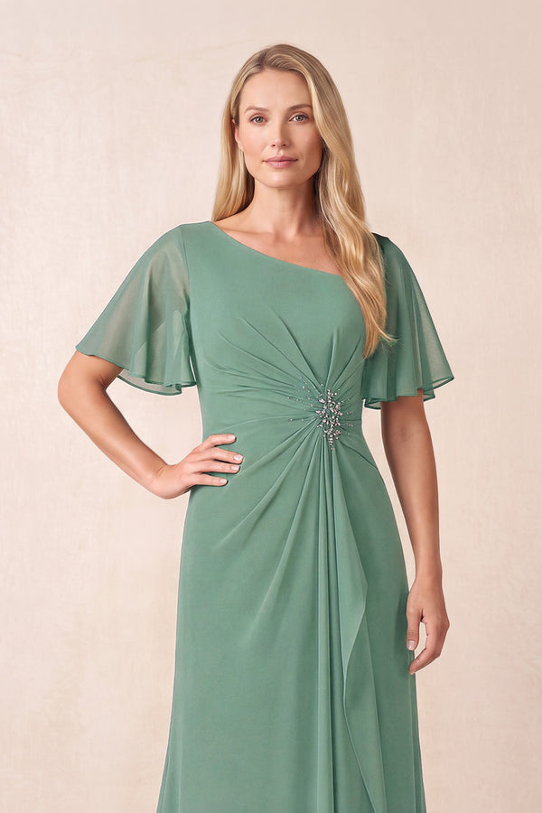 Sea Glass A-Line Ruched Chiffon Mother of the Bride Dress with Ruffled Sleeves (3) | KISSBRIDAL
