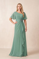 Sea Glass A-Line Ruched Chiffon Mother of the Bride Dress with Ruffled Sleeves | KISSBRIDAL