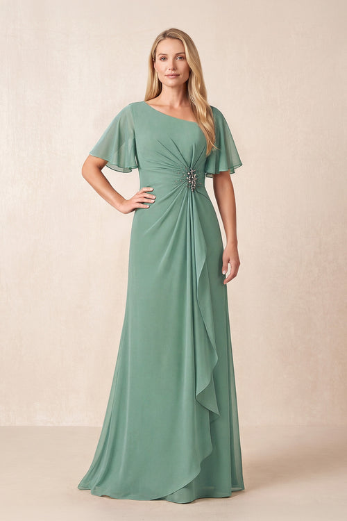 Sea Glass A-Line Ruched Chiffon Mother of the Bride Dress with Ruffled Sleeves | KISSBRIDAL