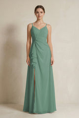 Sea Glass A-Line Ruffled Spaghetti Strap Chiffon Bridesmaid Dress | KISSBRIDAL