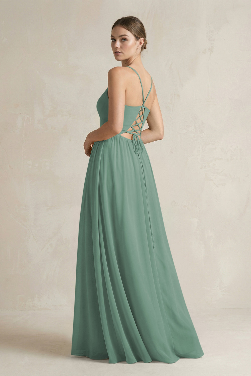 A-Line Spaghetti Strap Chiffon Bridesmaid Dress in Sea Glass