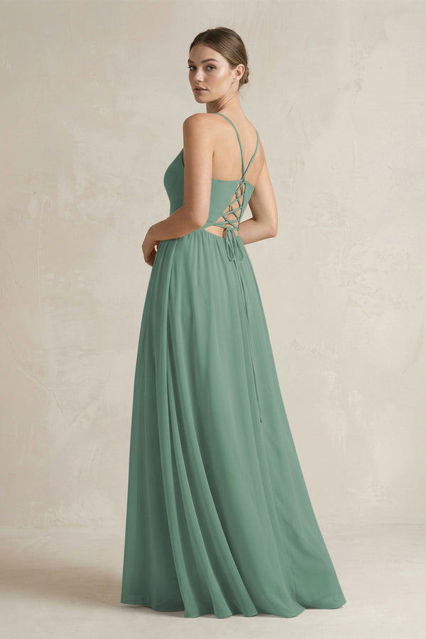 Sea Glass A-Line Spaghetti Strap Chiffon Bridesmaid Dress (2) | KISSBRIDAL