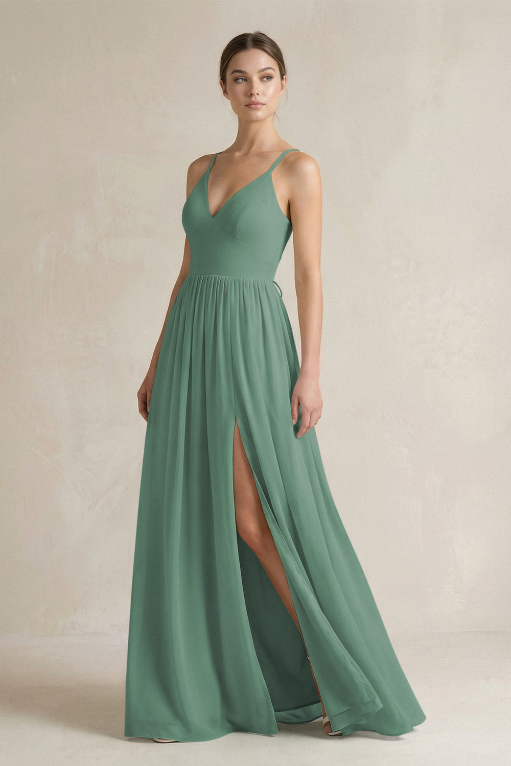 A-Line Spaghetti Strap Chiffon Bridesmaid Dress in Sea Glass