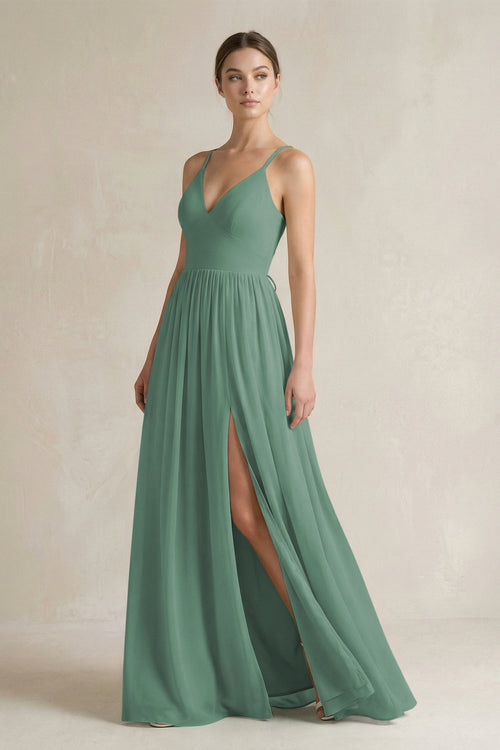 Sea Glass A-Line Spaghetti Strap Chiffon Bridesmaid Dress | KISSBRIDAL
