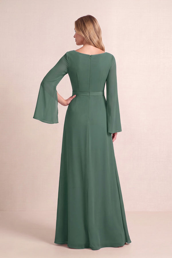 Sea Glass A-Line V-Neck Chiffon Mother of the Bride Dress With Sleeves (2) | KISSBRIDAL