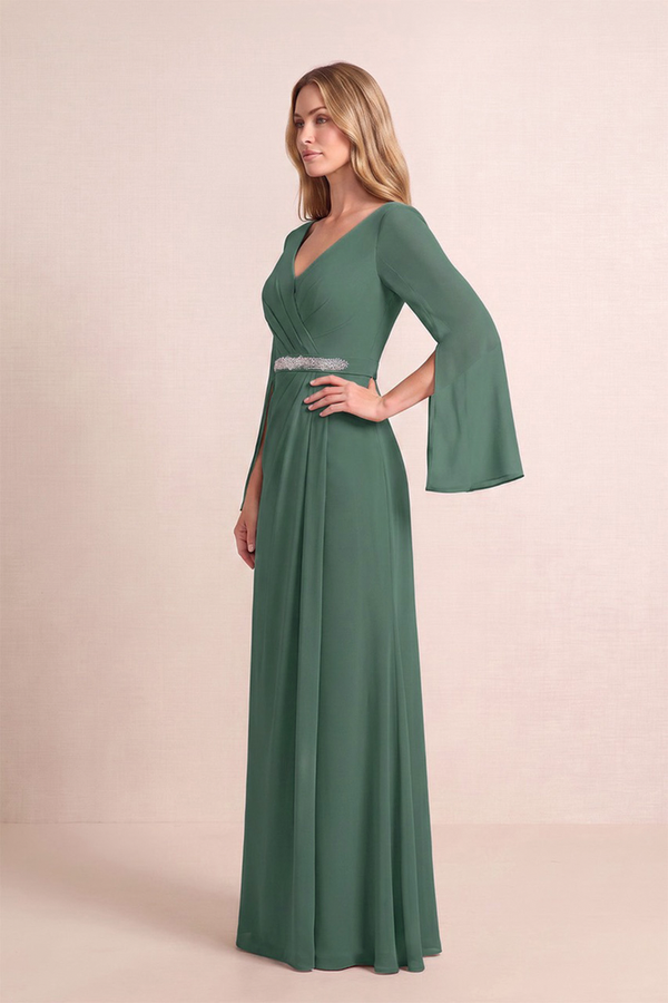 Sea Glass A-Line V-Neck Chiffon Mother of the Bride Dress With Sleeves (3) | KISSBRIDAL