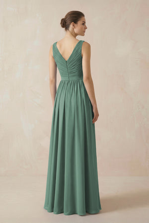 Sea Glass A-Line V-Neck Pleated Chiffon Bridesmaid Dress (2) | KISSBRIDAL