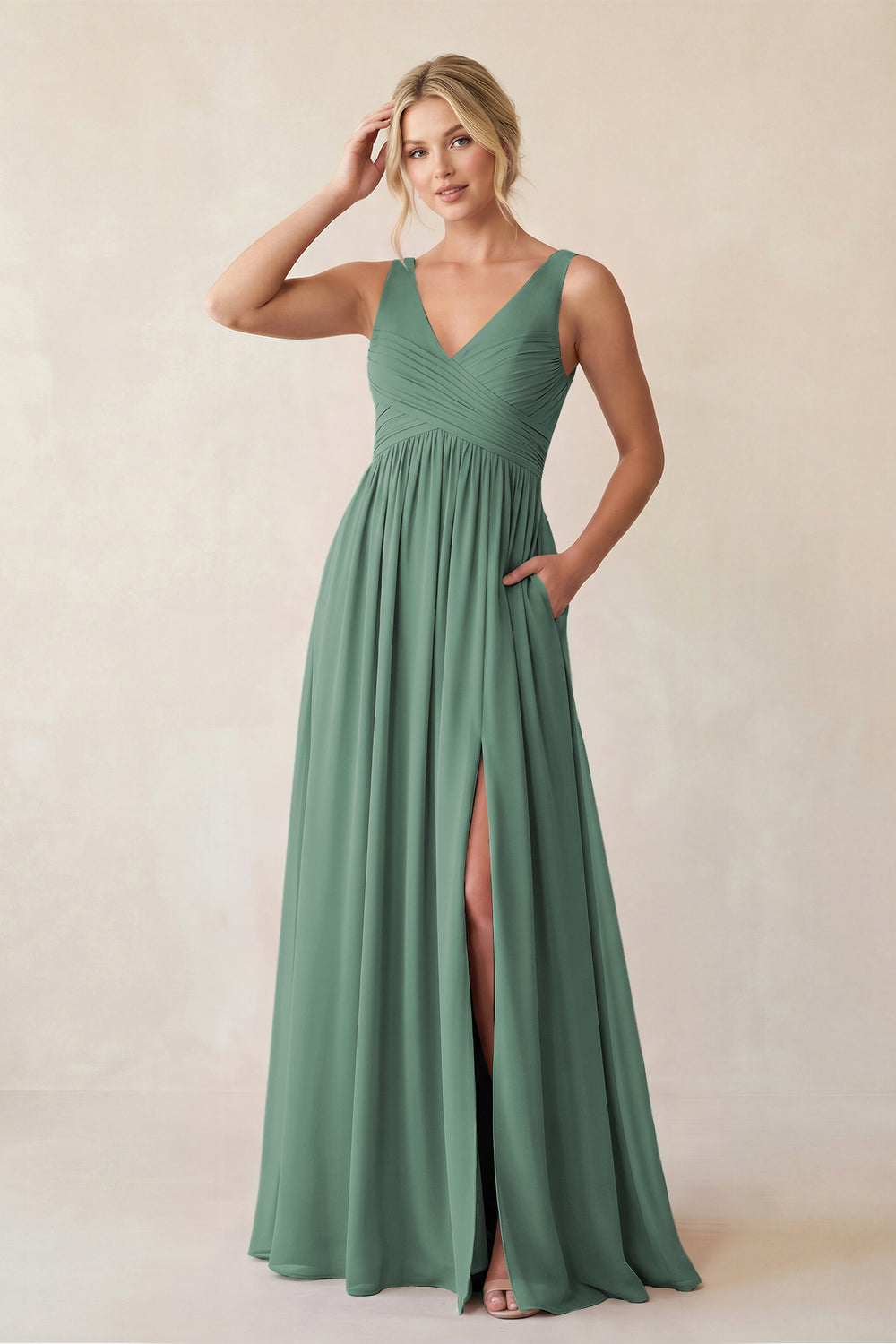 A-Line V-Neck Pleated Chiffon Bridesmaid Dress in Sea Glass
