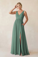 Sea Glass A-Line V-Neck Pleated Chiffon Bridesmaid Dress | KISSBRIDAL