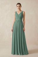 Sea Glass A-Line V-Neck Pleated Chiffon Bridesmaid Dress | KISSBRIDAL