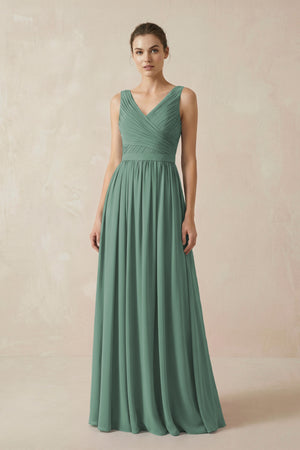 Sea Glass A-Line V-Neck Pleated Chiffon Bridesmaid Dress | KISSBRIDAL