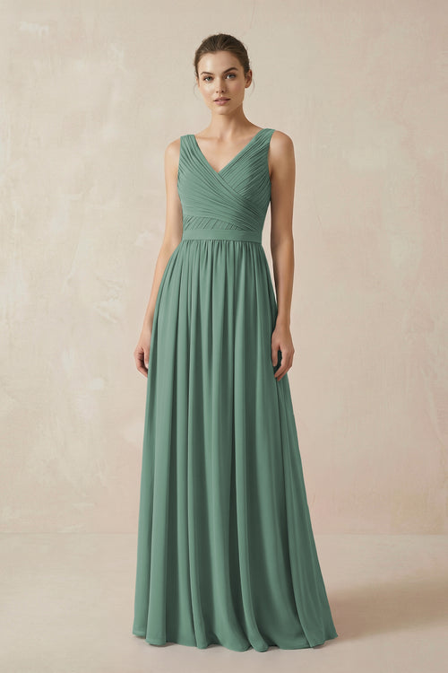 Sea Glass A-Line V-Neck Pleated Chiffon Bridesmaid Dress | KISSBRIDAL