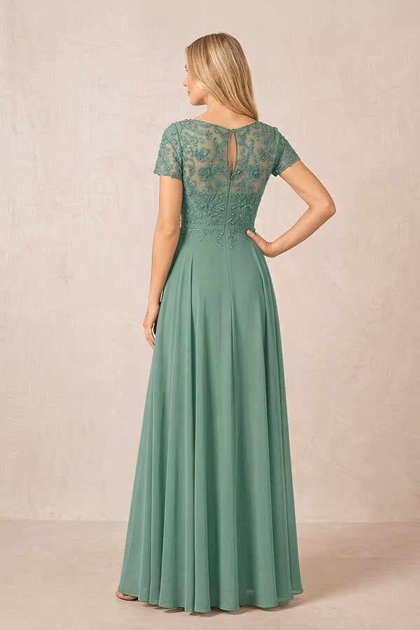 Sea Glass Boat Neck Chiffon A-Line Embroidered Mother of the Bride Dress with Sleeves (2) | KISSBRIDAL