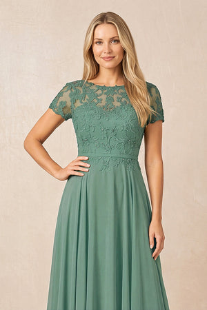 Sea Glass Boat Neck Chiffon A-Line Embroidered Mother of the Bride Dress with Sleeves (3) | KISSBRIDAL