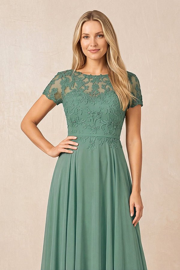 Sea Glass Boat Neck Chiffon A-Line Embroidered Mother of the Bride Dress with Sleeves (3) | KISSBRIDAL