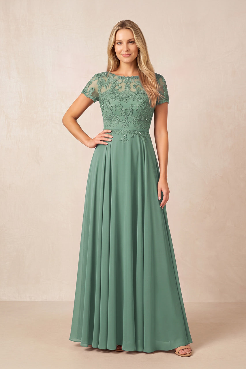 Sea Glass Boat Neck Chiffon A-Line Embroidered Mother of the Bride Dress with Sleeves