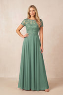 Sea Glass Boat Neck Chiffon A-Line Embroidered Mother of the Bride Dress with Sleeves | KISSBRIDAL