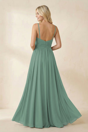 Sea Glass Cami Strap Chiffon A-Line Bridesmaid Dress with Slit (2) | KISSBRIDAL
