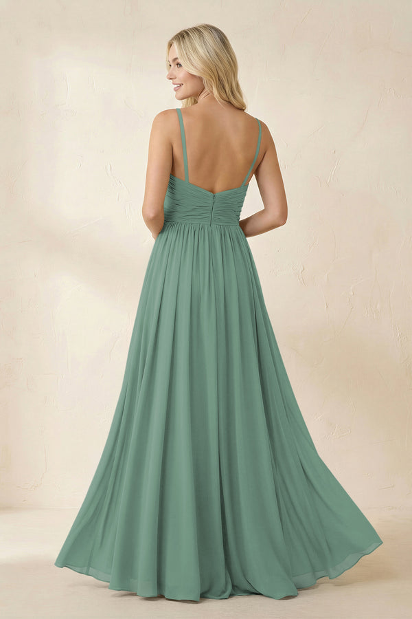 Sea Glass Cami Strap Chiffon A-Line Bridesmaid Dress with Slit (2) | KISSBRIDAL