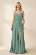 Sea Glass Cami Strap Chiffon A-Line Bridesmaid Dress with Slit | KISSBRIDAL