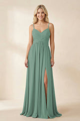 Sea Glass Cami Strap Chiffon A-Line Bridesmaid Dress with Slit | KISSBRIDAL