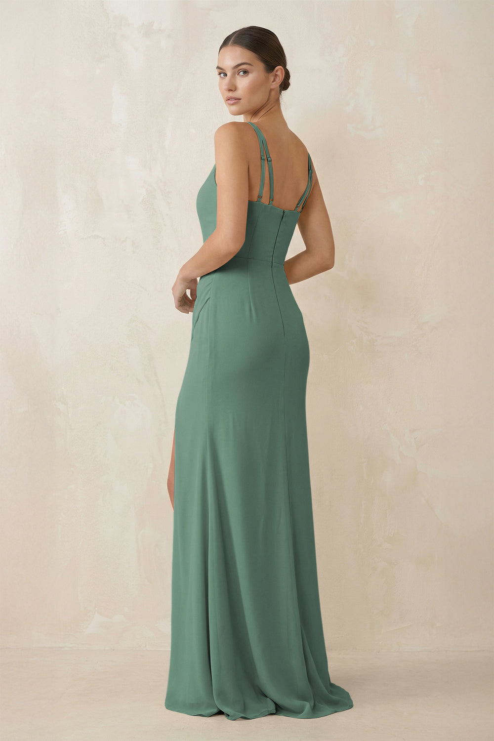 Cami Strap Chiffon Sheath Bridesmaid Gown in Sea Glass