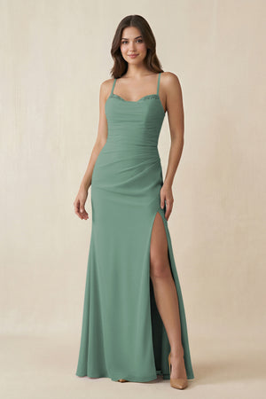 Sea Glass Cami Strap Sheath Chiffon Bridesmaid Dress with Slit | KISSBRIDAL