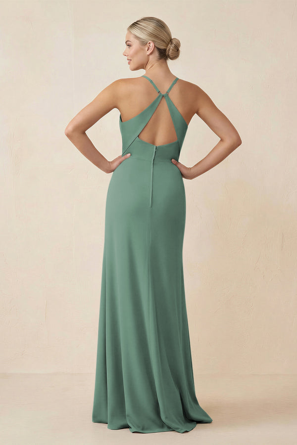 Sea Glass Cami Strap Sheath Ruched Bridesmaid Dress With Slit (2) | KISSBRIDAL