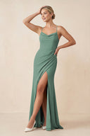 Sea Glass Cami Strap Sheath Ruched Bridesmaid Dress With Slit | KISSBRIDAL