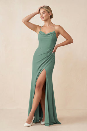 Sea Glass Cami Strap Sheath Ruched Bridesmaid Dress With Slit | KISSBRIDAL