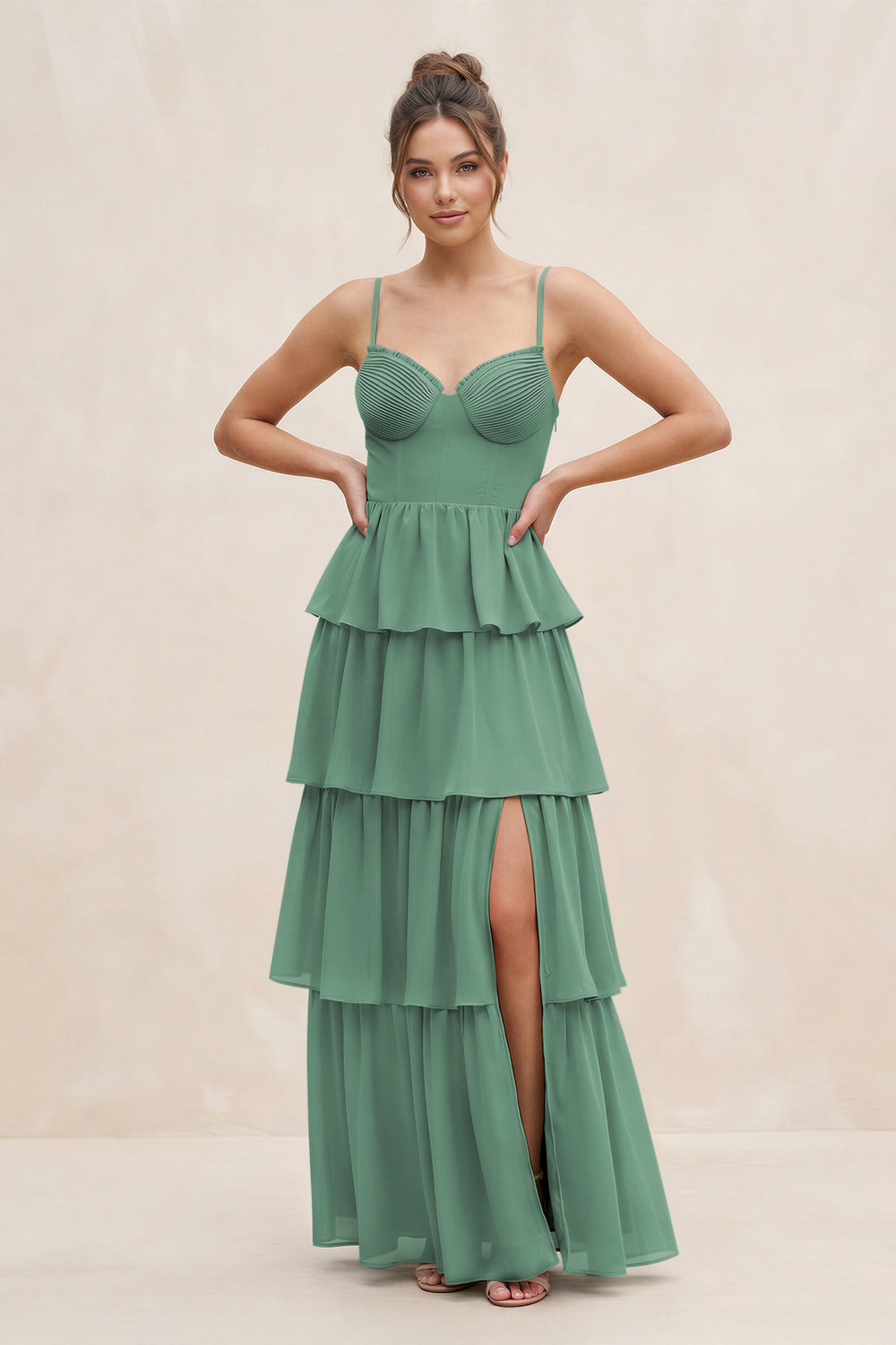 Cami Strap Tiered A-Line Chiffon Bridesmaid Dress in Sea Glass