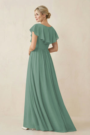 Sea Glass Cap Sleeve A-Line Ruffled Chiffon Bridesmaid Dress (2) | KISSBRIDAL