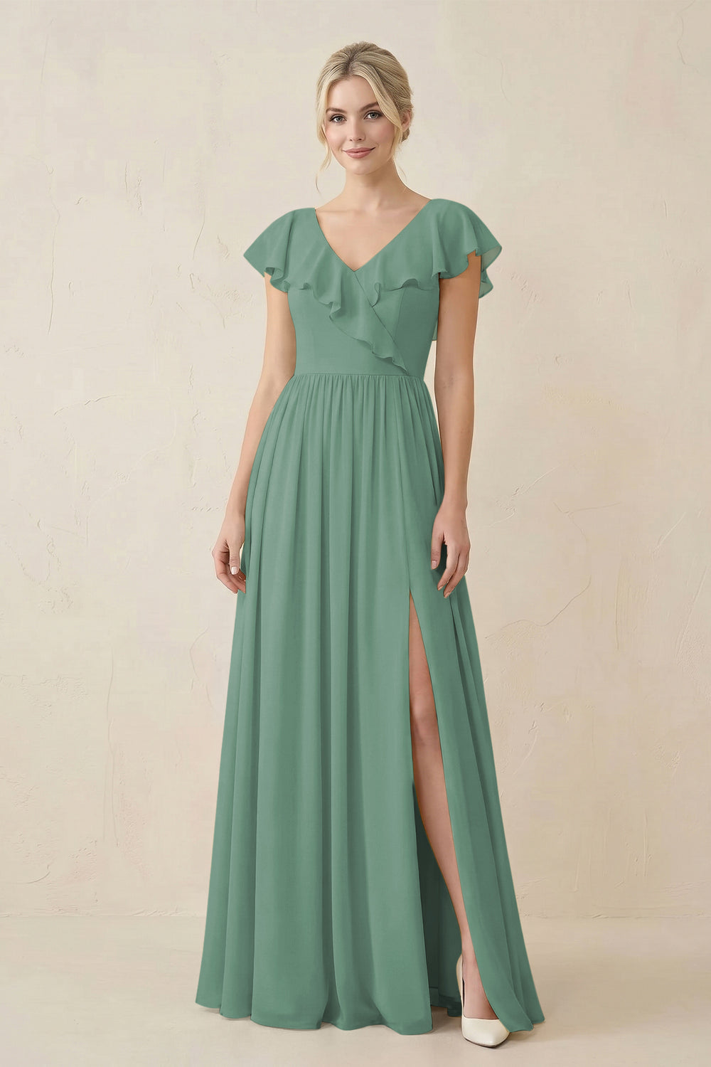 Cap Sleeve A-Line Ruffled Chiffon Bridesmaid Dress in Sea Glass