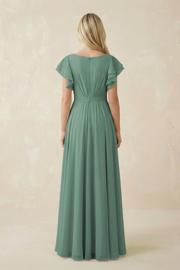 Sea Glass Cap Sleeve Ruffled A-Line Chiffon Bridesmaid Dress (2) | KISSBRIDAL