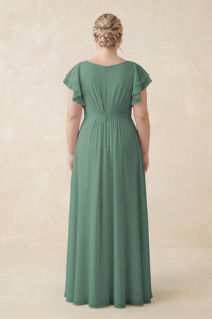 Sea Glass Cap Sleeve Ruffled A-Line Chiffon Bridesmaid Dress (2) | KISSBRIDAL