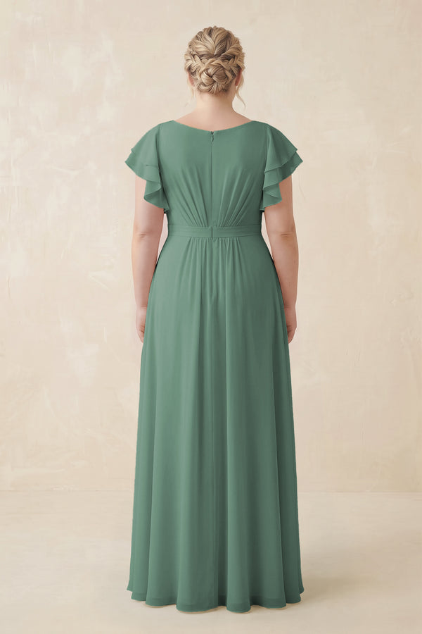 Sea Glass Cap Sleeve Ruffled A-Line Chiffon Bridesmaid Dress (2) | KISSBRIDAL