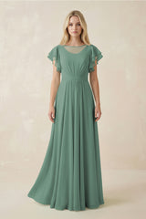 Sea Glass Cap Sleeve Ruffled A-Line Chiffon Bridesmaid Dress | KISSBRIDAL